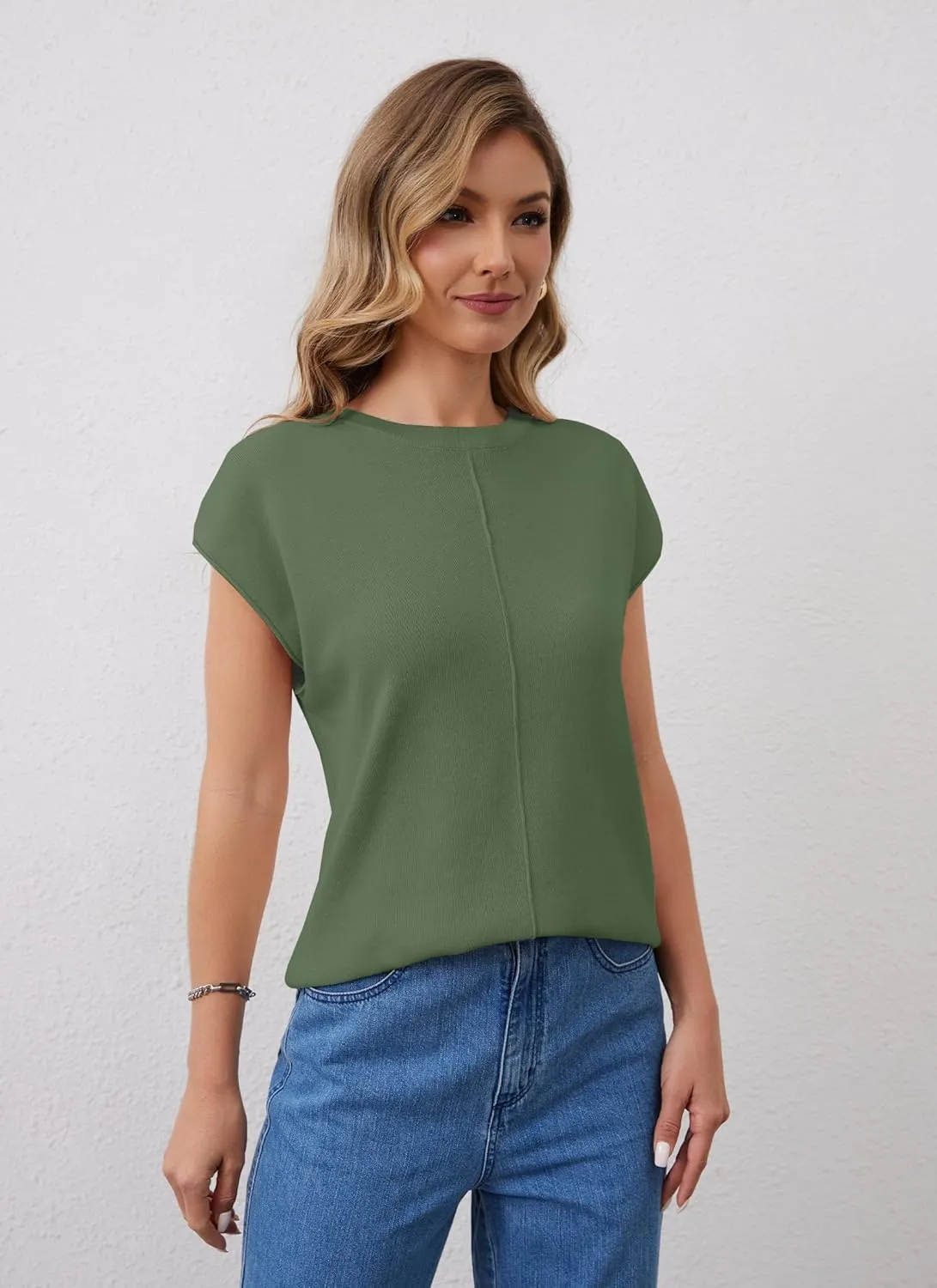 Womens Cap Sleeve Tops Summer Knit Vest Crew V Neck Tank Top Casual Loose Sweater