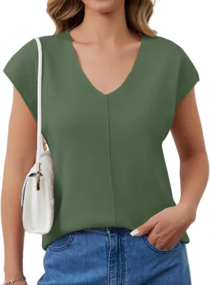 Womens Cap Sleeve Tops Summer Knit Vest Crew V Neck Tank Top Casual Loose Sweater