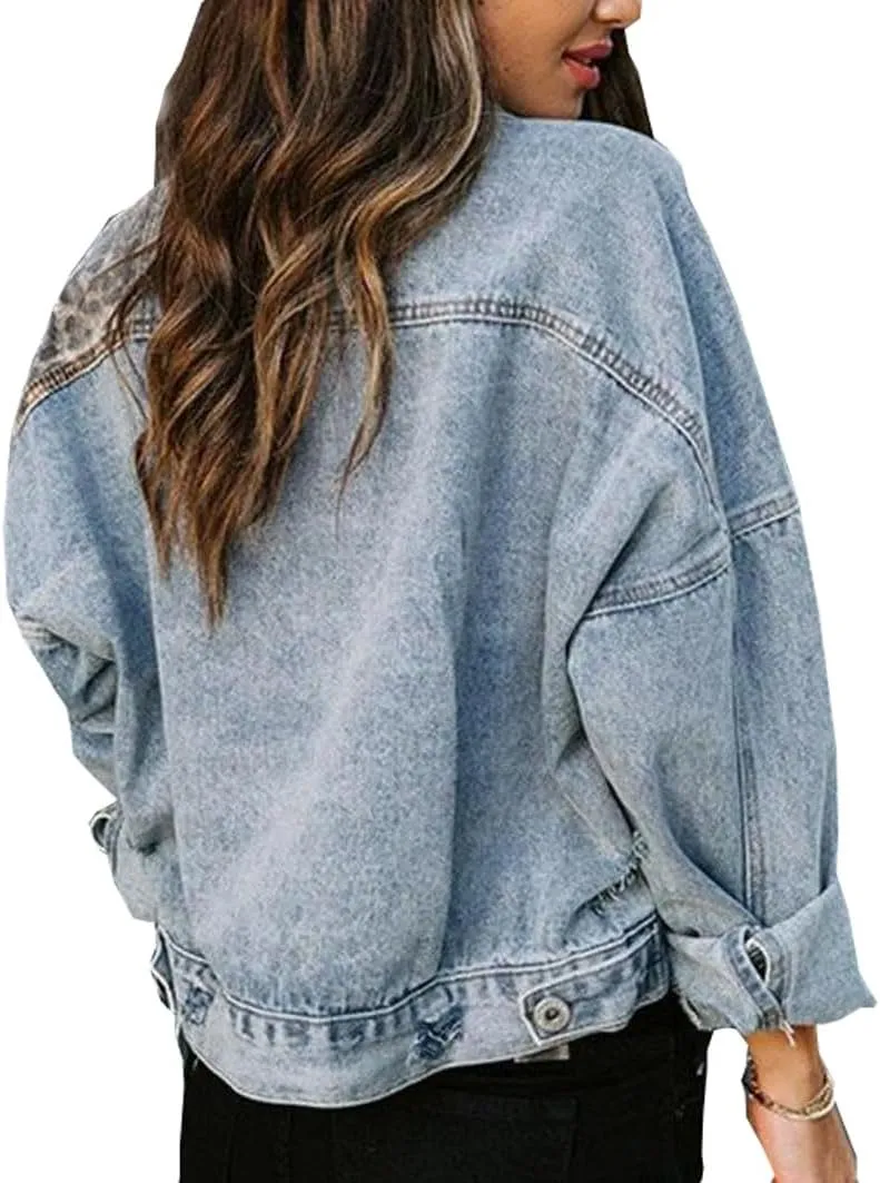 Women's Casual Long Sleeve Button Up Denim Jacket Leopard Print Patchwork Jean Top Coat Jackets