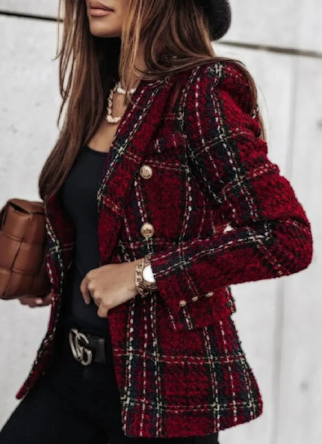 Women's Casual Long Sleeve Jacket Tweed Plaid Blazer Work Suits Double Breasted Open Front Coat Winter Outfits