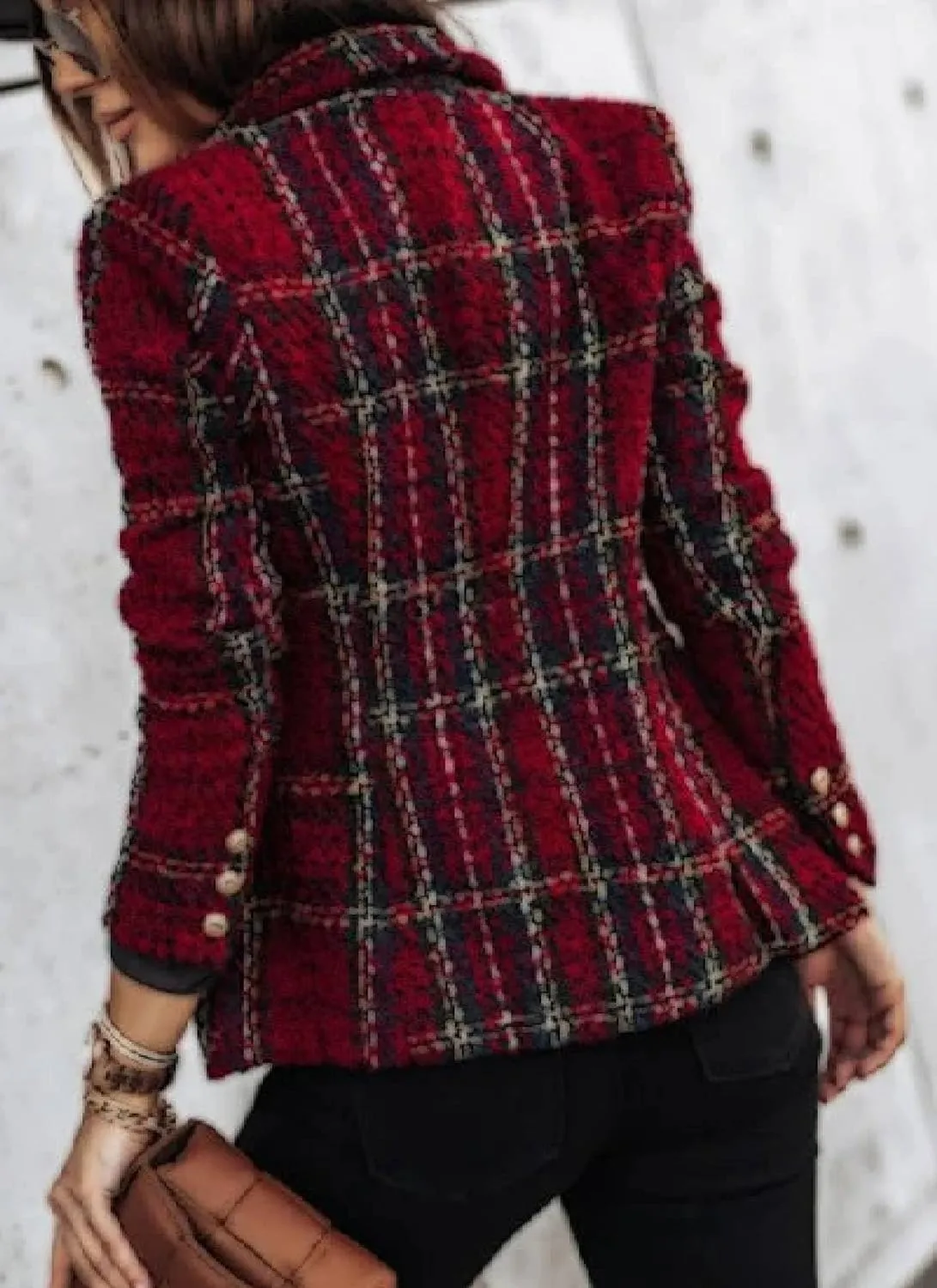 Women's Casual Long Sleeve Jacket Tweed Plaid Blazer Work Suits Double Breasted Open Front Coat Winter Outfits