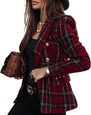 Women's Casual Long Sleeve Jacket Tweed Plaid Blazer Work Suits Double Breasted Open Front Coat Winter Outfits