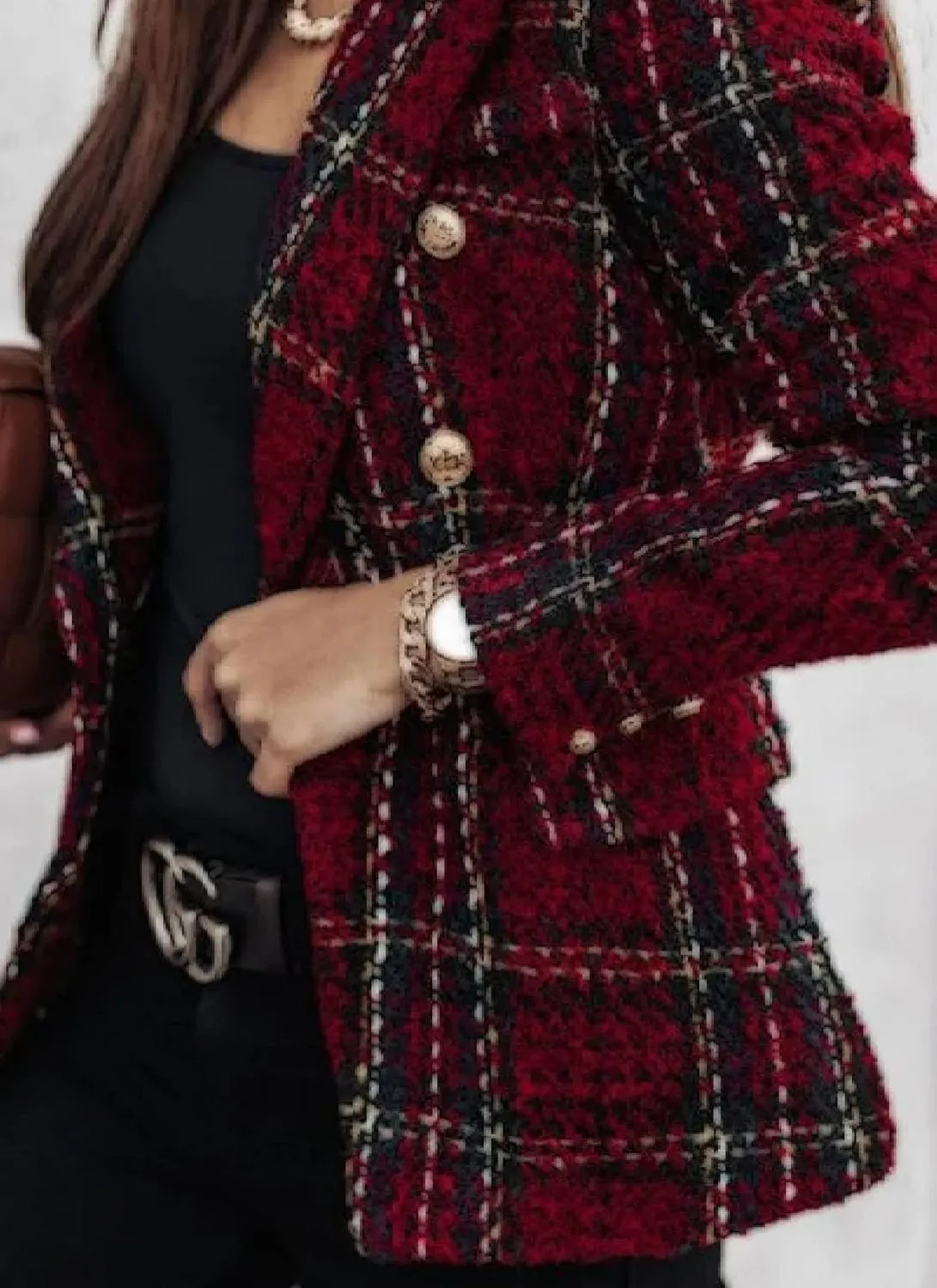 Women's Casual Long Sleeve Jacket Tweed Plaid Blazer Work Suits Double Breasted Open Front Coat Winter Outfits
