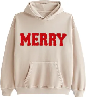 Womens Christmas Hoodie Merry Letter Printed Pullover Tops Oversized Long Sleeve Sweatshirts Xmas Holiday Tops