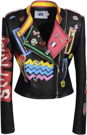 Women's classic badge slim jacket personalized rivet punk short Motorcycle Jacket