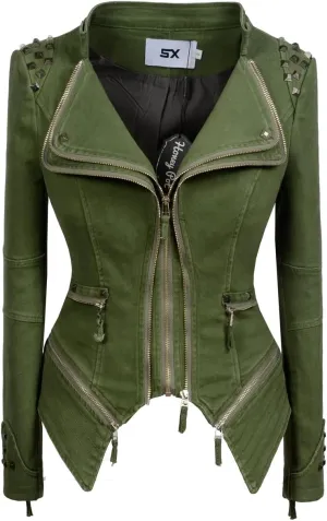 Women's classic denim jacket personalized rivet punk dovetail Motorcycle Jacket