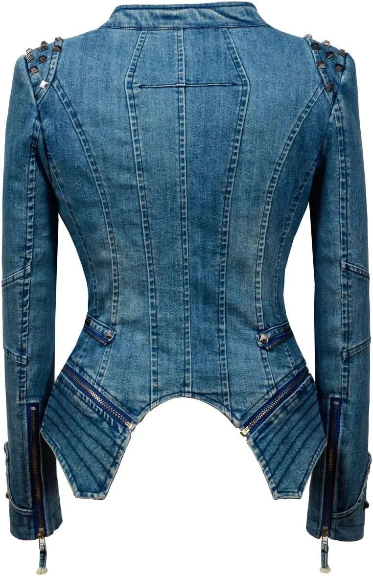 Women's classic denim jacket personalized rivet punk dovetail Motorcycle Jacket