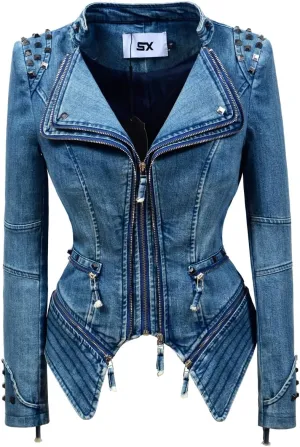 Women's classic denim jacket personalized rivet punk dovetail Motorcycle Jacket