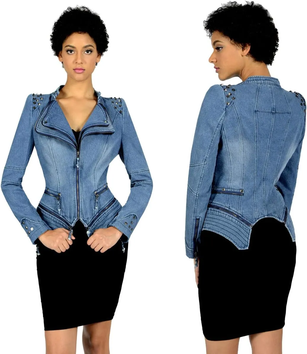 Women's classic denim jacket personalized rivet punk dovetail Motorcycle Jacket