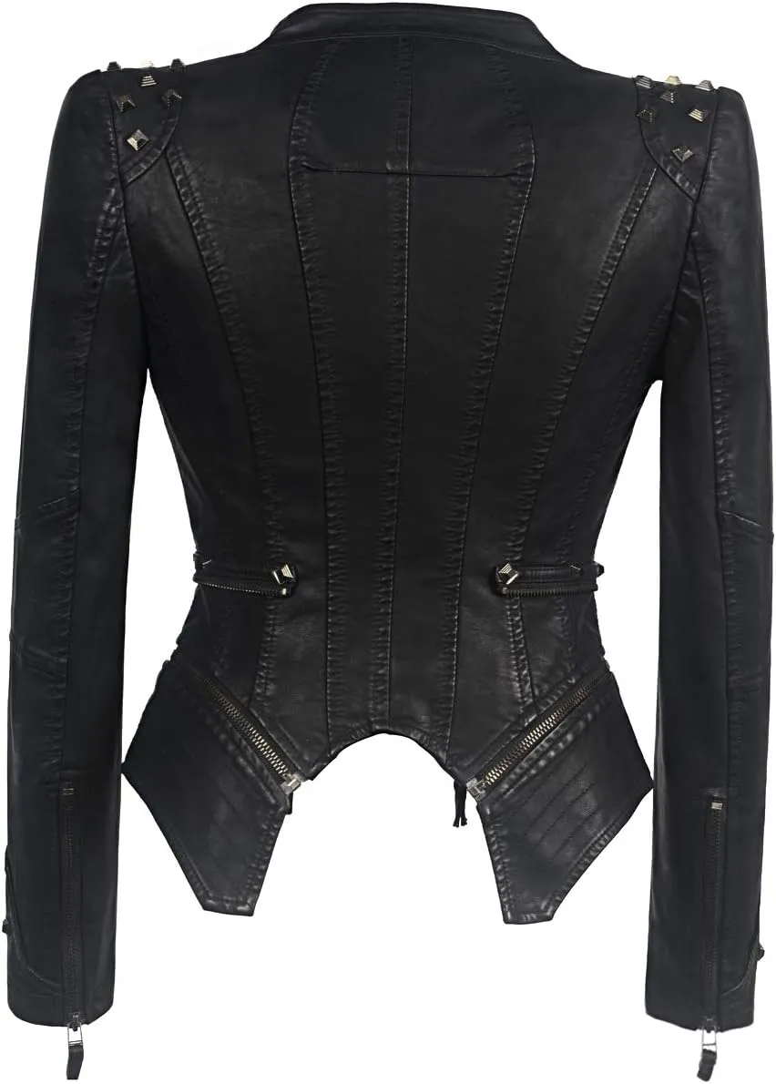 Women's classic Lapel punk rivet leather jacket personality fashion sexy dovetail Motorcycle casual coat