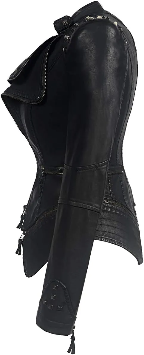 Women's classic Lapel punk rivet leather jacket personality fashion sexy dovetail Motorcycle casual coat