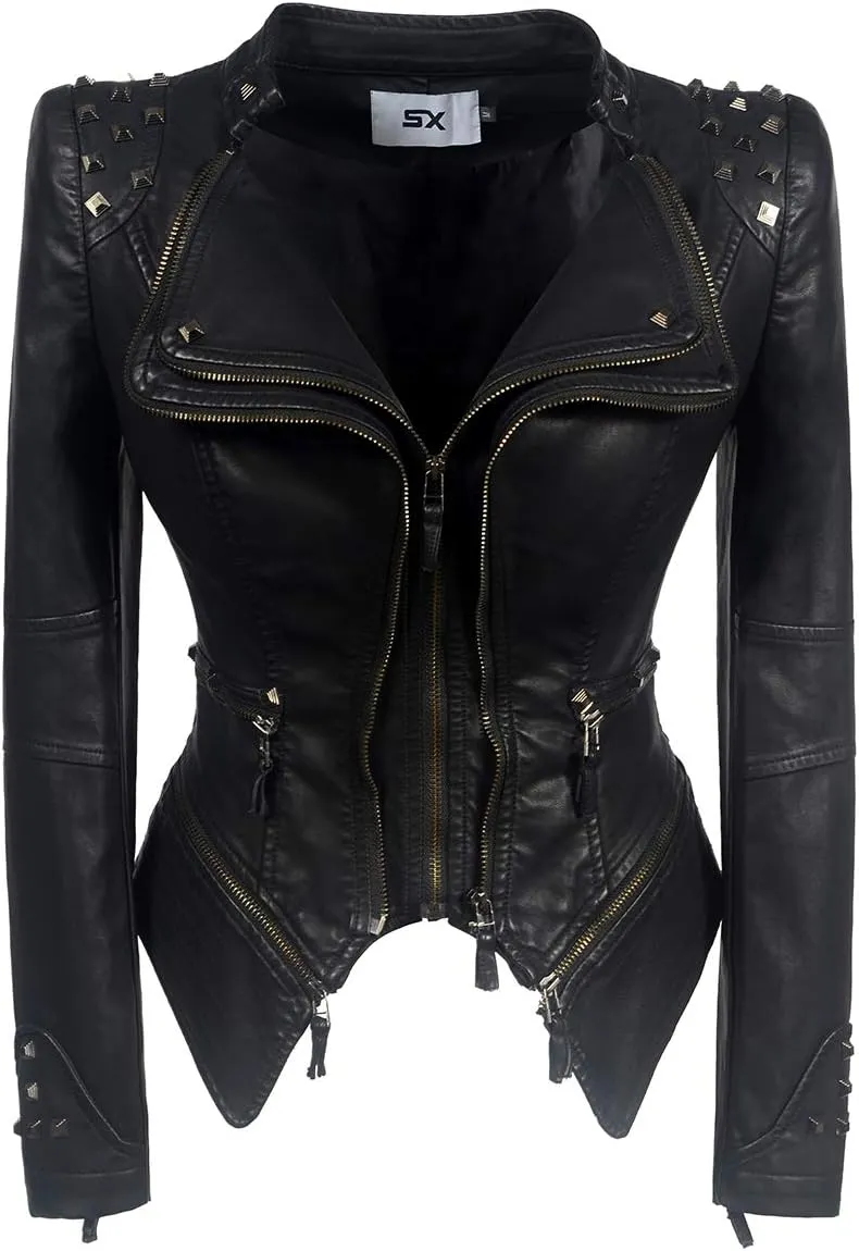 Women's classic Lapel punk rivet leather jacket personality fashion sexy dovetail Motorcycle casual coat