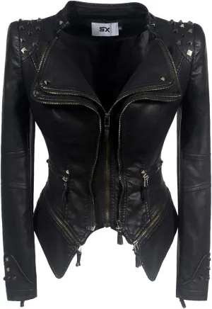 Women's classic Lapel punk rivet leather jacket personality fashion sexy dovetail Motorcycle casual coat