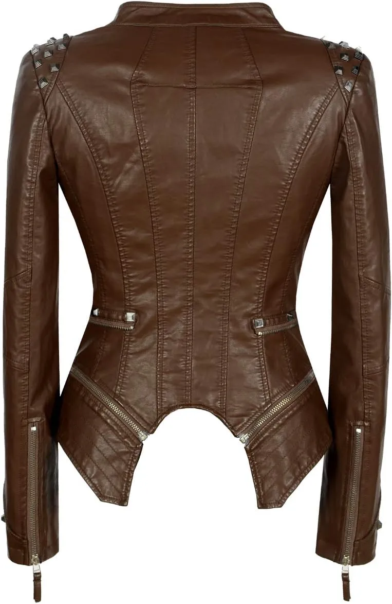 Women's classic large lapel dovetail rivet leather jacket casual personality fashion sexy punk motorcycle jacket