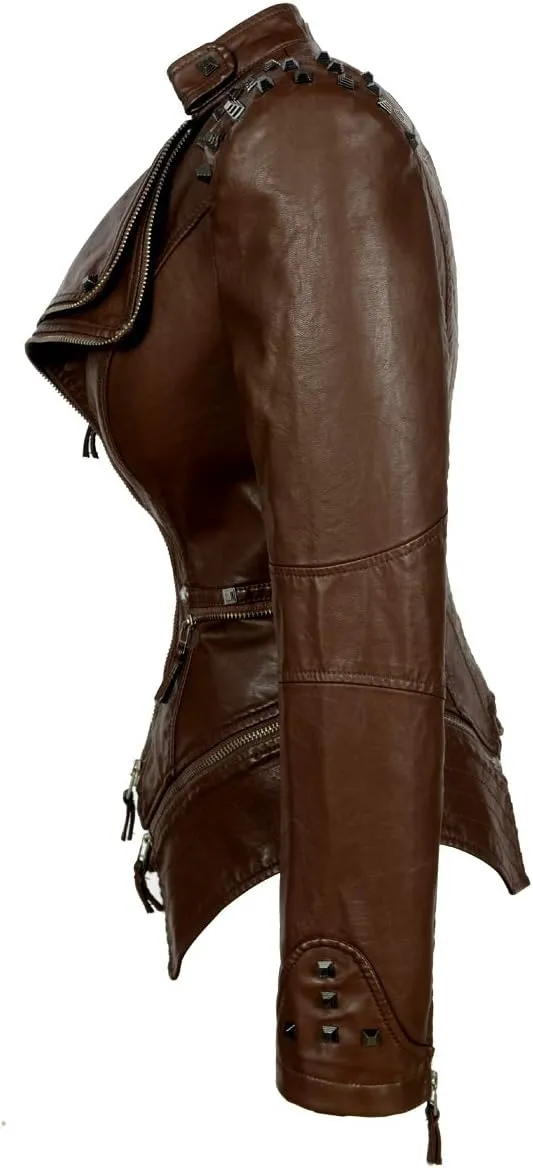 Women's classic large lapel dovetail rivet leather jacket casual personality fashion sexy punk motorcycle jacket