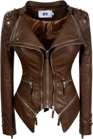 Women's classic large lapel dovetail rivet leather jacket casual personality fashion sexy punk motorcycle jacket