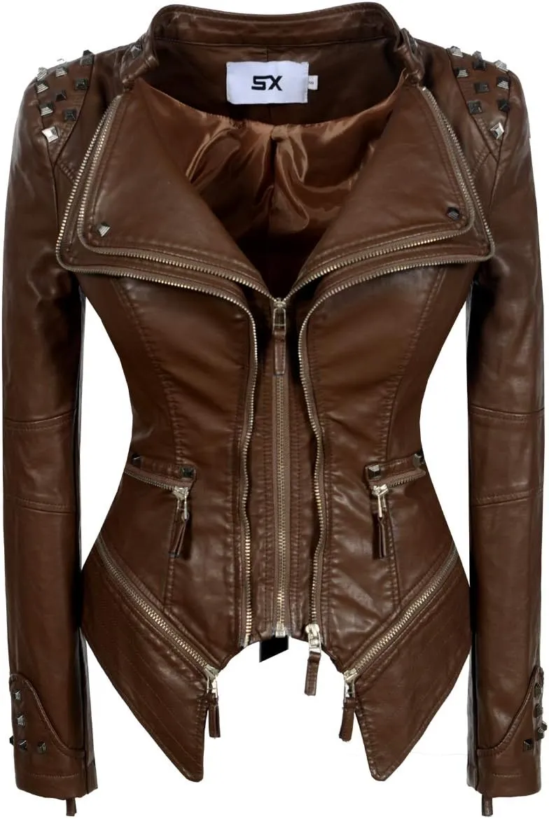 Women's classic large lapel dovetail rivet leather jacket casual personality fashion sexy punk motorcycle jacket
