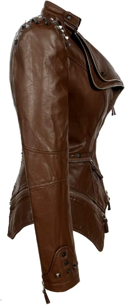 Women's classic large lapel dovetail rivet leather jacket casual personality fashion sexy punk motorcycle jacket
