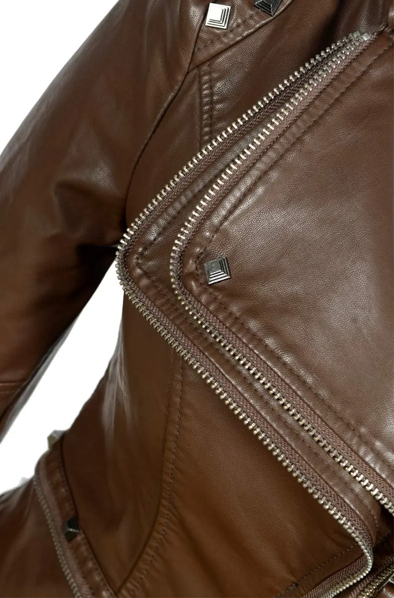 Women's classic large lapel dovetail rivet leather jacket casual personality fashion sexy punk motorcycle jacket