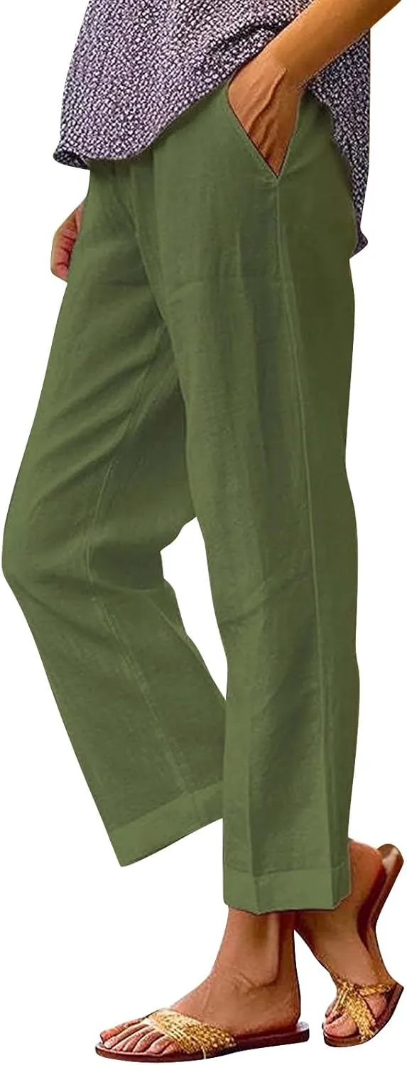 Women's Clothing Solid Elastic Pants Long Drawstring Linen Women Waist Cotton Casual Slacks Business Pants with Pockets