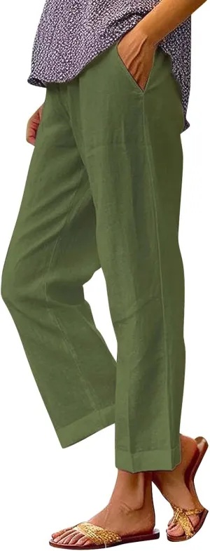 Women's Clothing Solid Elastic Pants Long Drawstring Linen Women Waist Cotton Casual Slacks Business Pants with Pockets