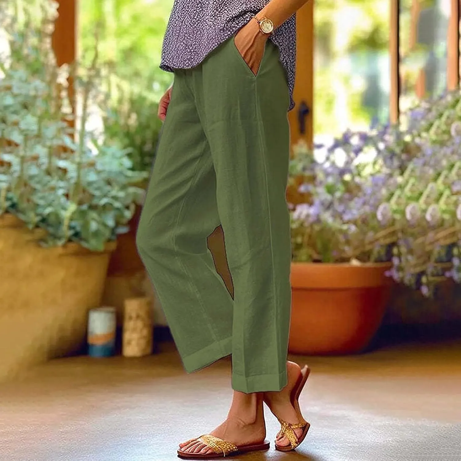 Women's Clothing Solid Elastic Pants Long Drawstring Linen Women Waist Cotton Casual Slacks Business Pants with Pockets