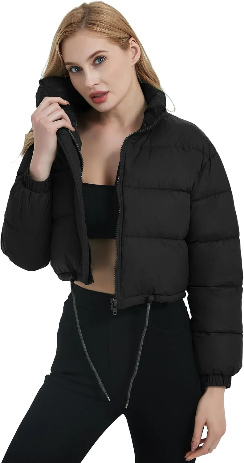 Womens Cropped Puffer Jacket Zip-Up Padded Quilted Short Coats Drawstring Winter Down Coat