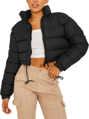 Womens Cropped Puffer Jacket Zip-Up Padded Quilted Short Coats Drawstring Winter Down Coat