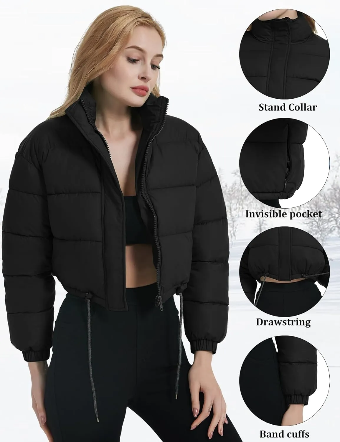 Womens Cropped Puffer Jacket Zip-Up Padded Quilted Short Coats Drawstring Winter Down Coat