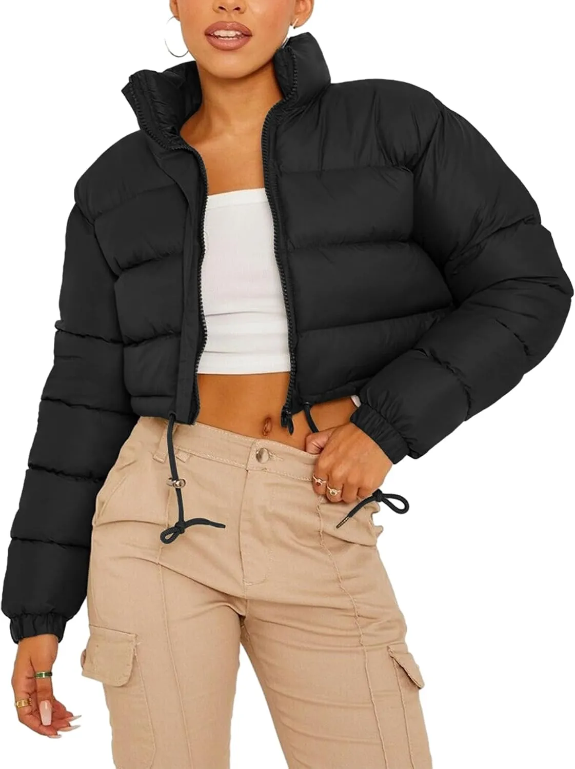 Womens Cropped Puffer Jacket Zip-Up Padded Quilted Short Coats Drawstring Winter Down Coat