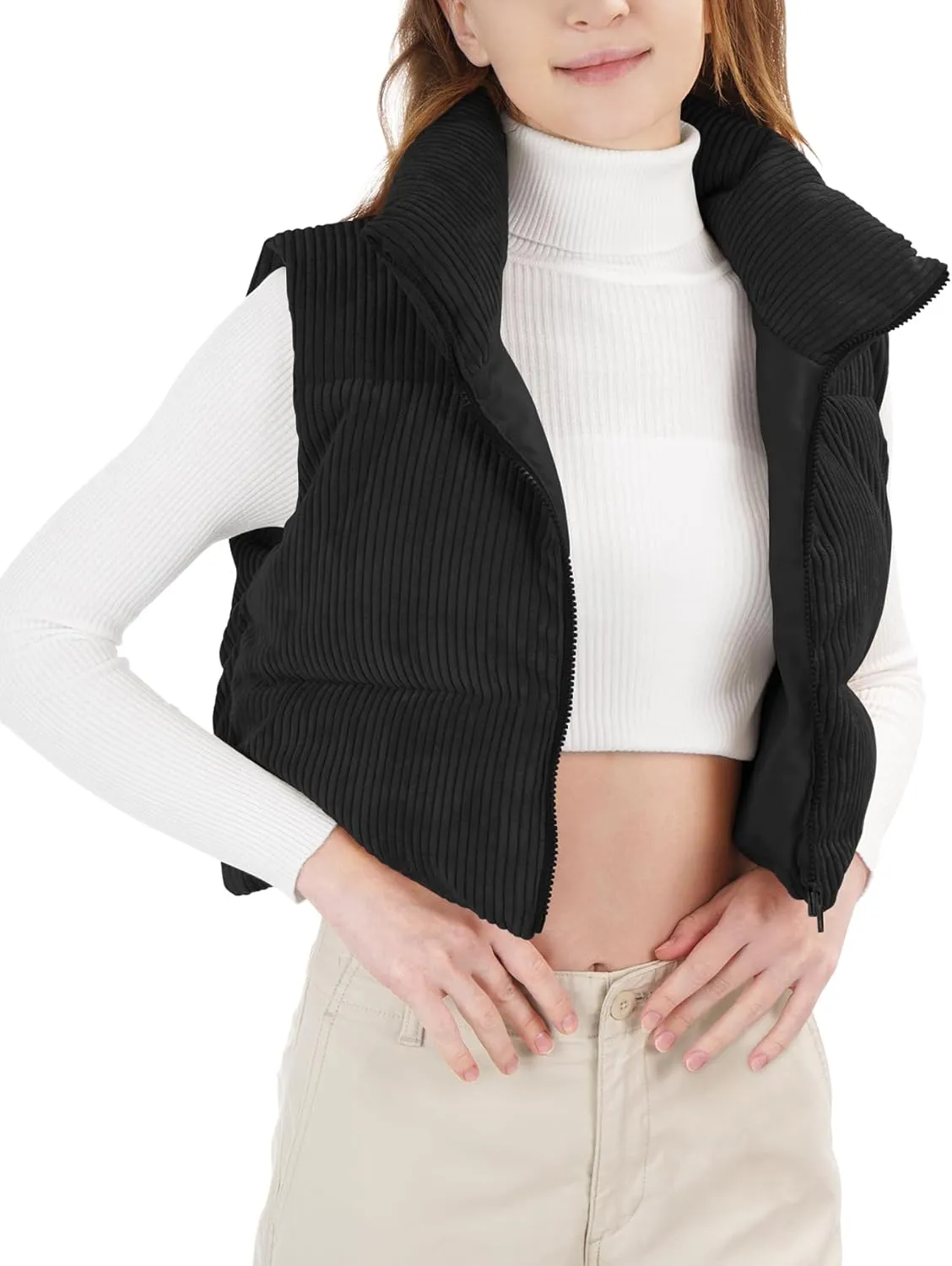 Women's Cropped Puffer Vest Winter Sleeveless Warm Outerwear Vests Lightweight Corduroy Coat with Invisible Pockets