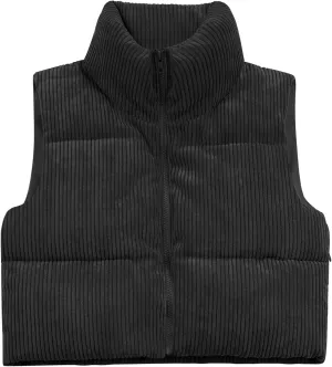 Women's Cropped Puffer Vest Winter Sleeveless Warm Outerwear Vests Lightweight Corduroy Coat with Invisible Pockets