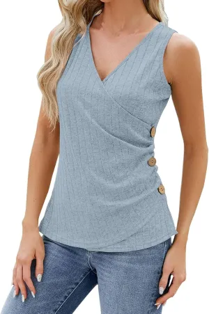 Women's Cross V Neck Casual Tank Side Button Embellished Summer Camisole Sleeveless Ribbed Knit Top Slim Sexy Shirt