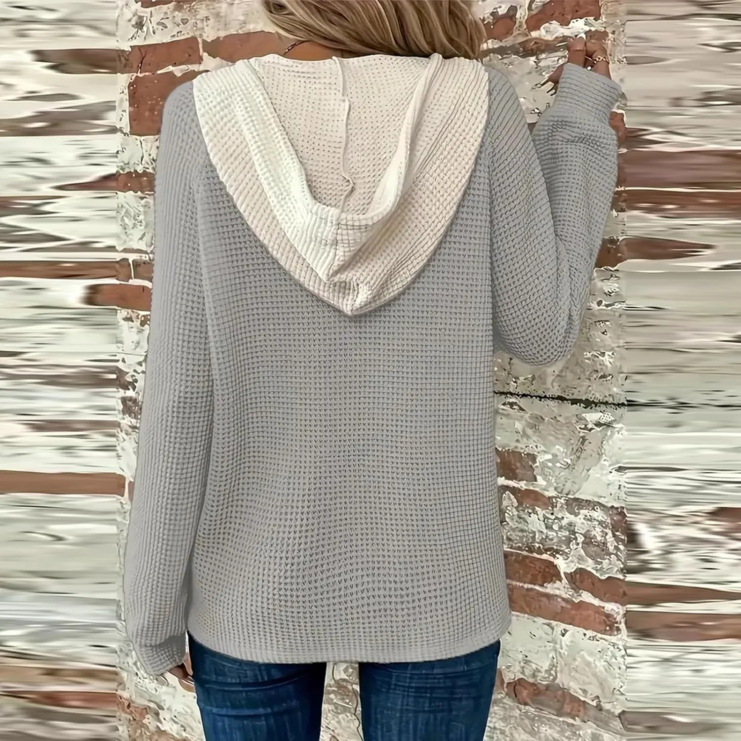 Womens Fall Fashion 2025 Oversized Waffle Knit Hoodies Casual Drawstring Hooded Sweatshirt Button V Neck Sweater