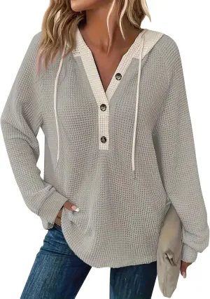 Womens Fall Fashion 2025 Oversized Waffle Knit Hoodies Casual Drawstring Hooded Sweatshirt Button V Neck Sweater