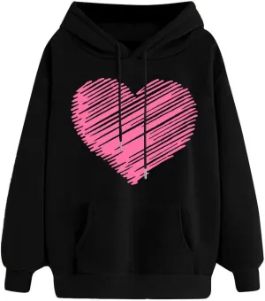 Womens Fashion Graphic Hoodies Long Sleeve Heart Print Drawstring Pocket Loose Fitted Casual Sweatshirt Pullover Tops