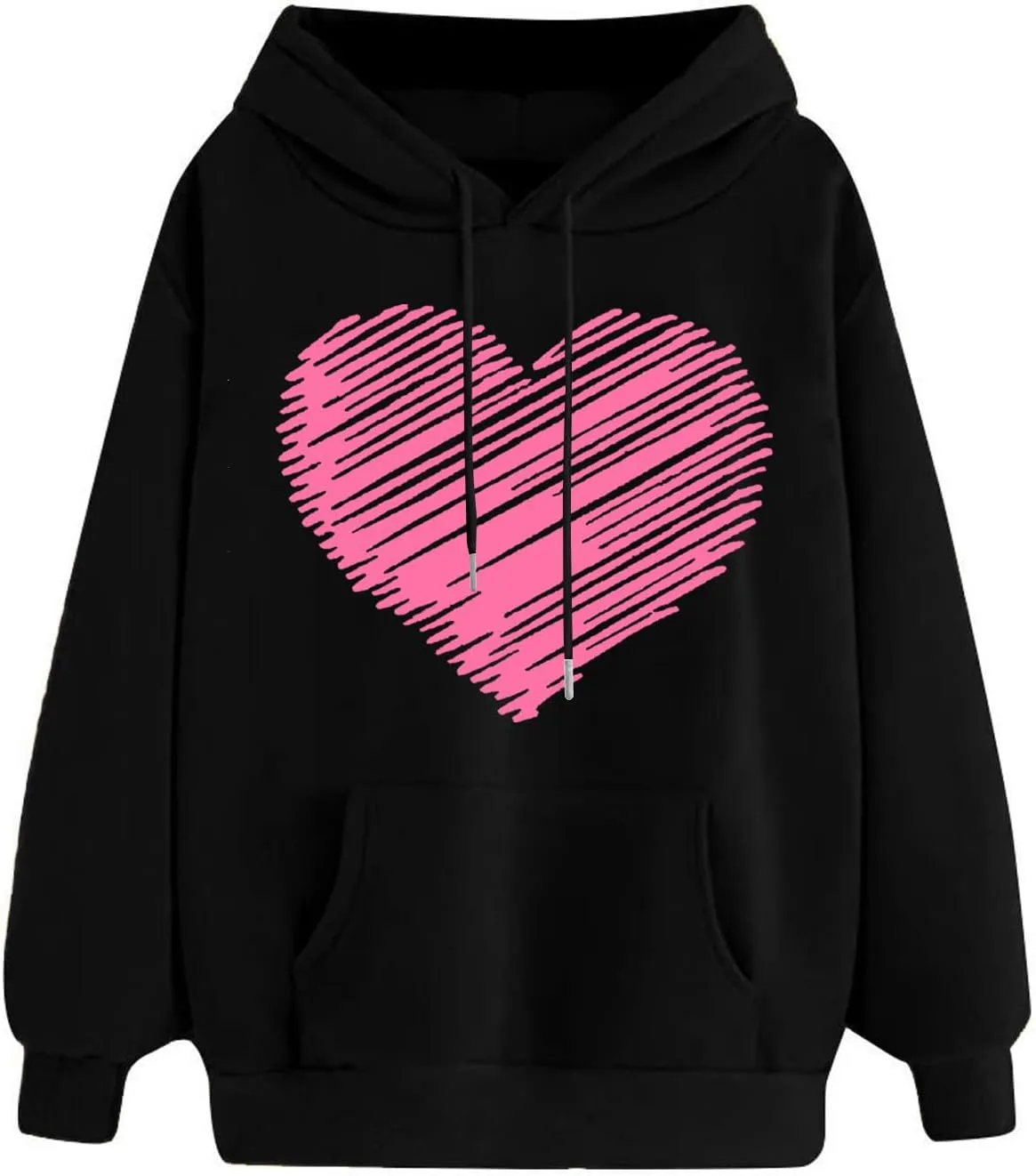 Womens Fashion Graphic Hoodies Long Sleeve Heart Print Drawstring Pocket Loose Fitted Casual Sweatshirt Pullover Tops