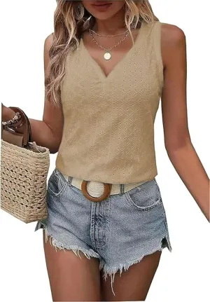 Womens Fashion Tank Tops Solid Color Hollow Tops Summer Casual Loose Flowy Shirt Tanks Vest Vacation Sleeveless Shirts