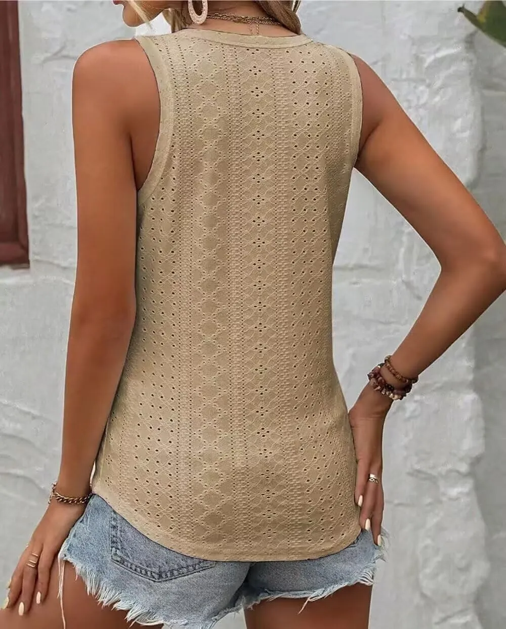 Womens Fashion Tank Tops Solid Color Hollow Tops Summer Casual Loose Flowy Shirt Tanks Vest Vacation Sleeveless Shirts