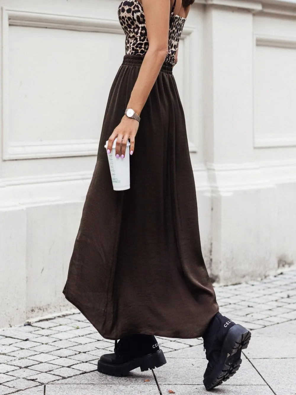 Womens Flowy Side Split Elastic High Waist Pleated Maxi Skirt Casual Fashion Elegant Cozy Long Skirts for Women