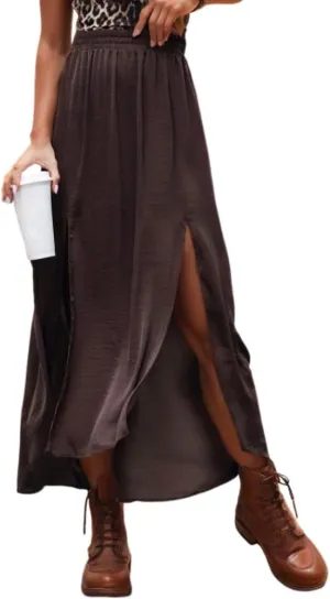 Womens Flowy Side Split Elastic High Waist Pleated Maxi Skirt Casual Fashion Elegant Cozy Long Skirts for Women