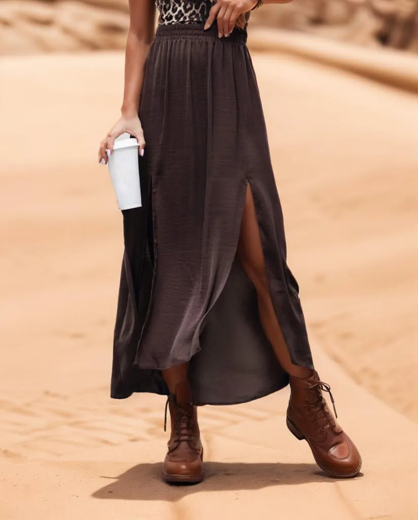 Womens Flowy Side Split Elastic High Waist Pleated Maxi Skirt Casual Fashion Elegant Cozy Long Skirts for Women