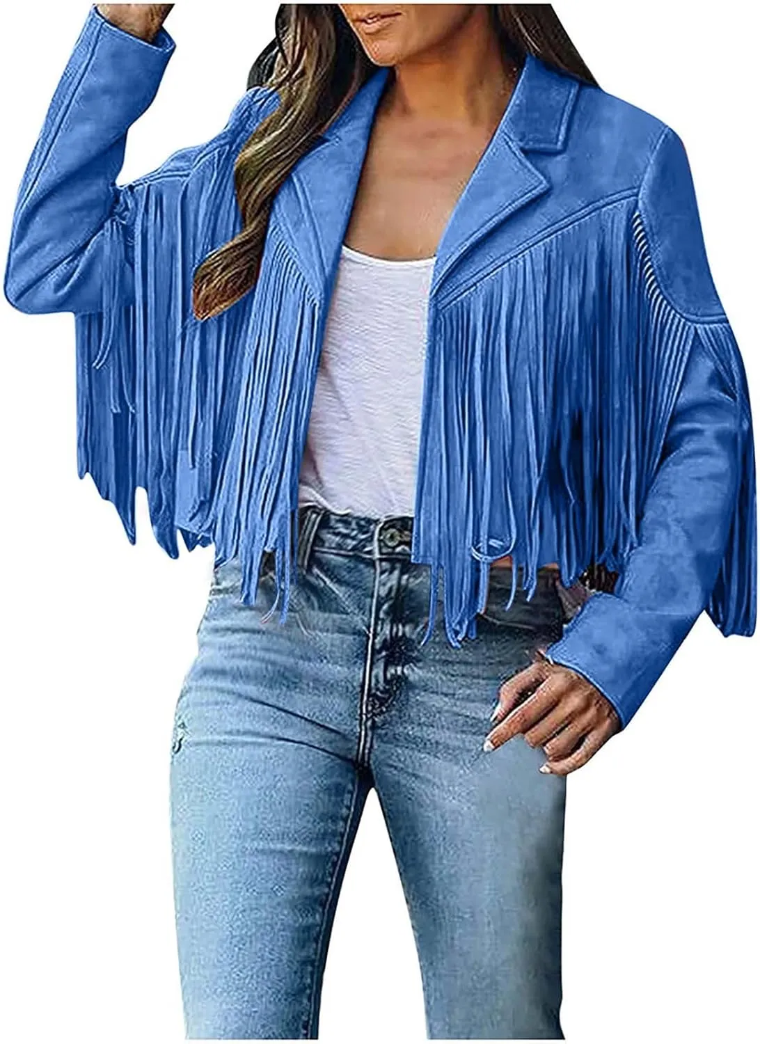 Women's Fringe Faux Suede Leather Jackets Tassel Cropped Coats Western Cowboy Jacket Outerwear Hippie Concert Outfits