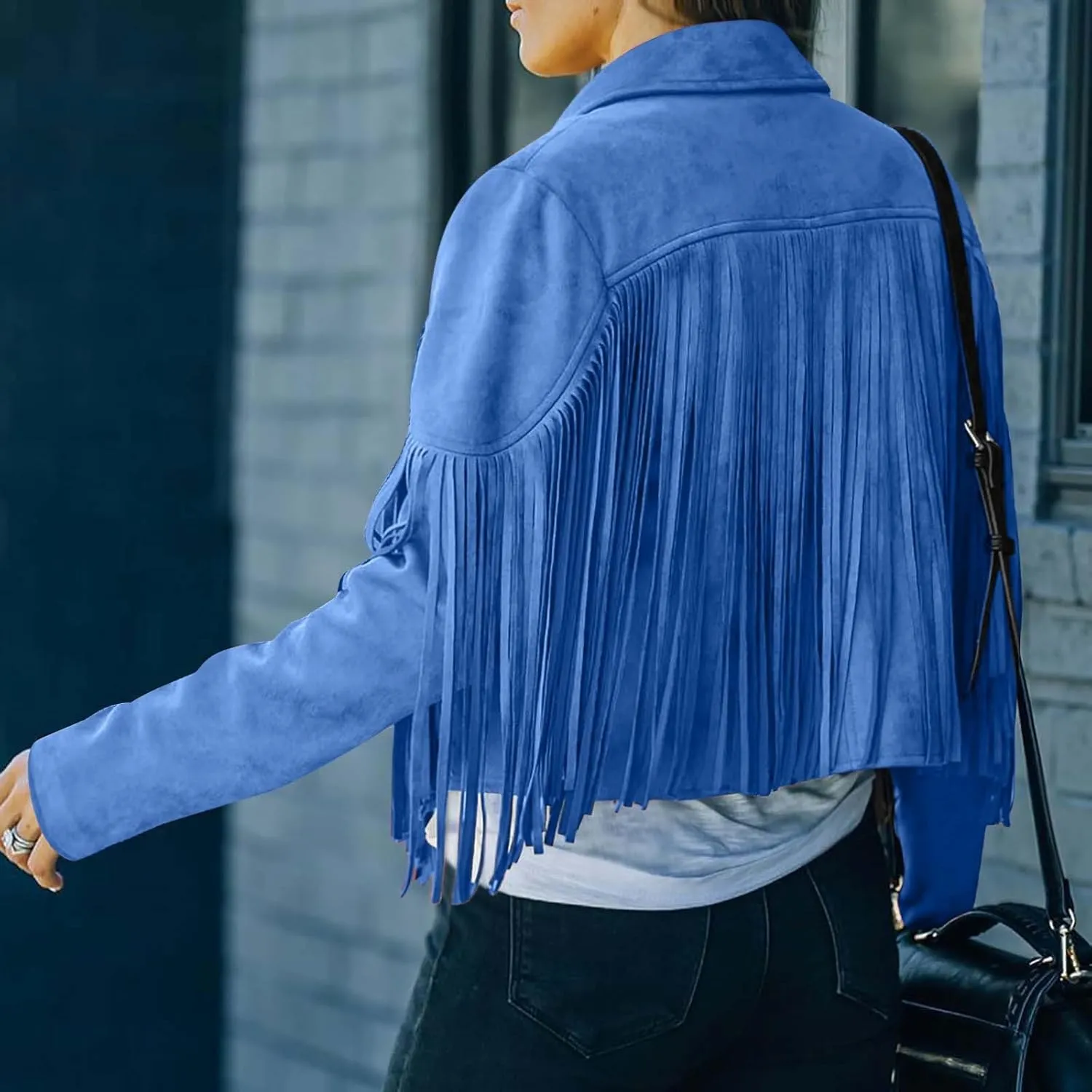 Women's Fringe Faux Suede Leather Jackets Tassel Cropped Coats Western Cowboy Jacket Outerwear Hippie Concert Outfits