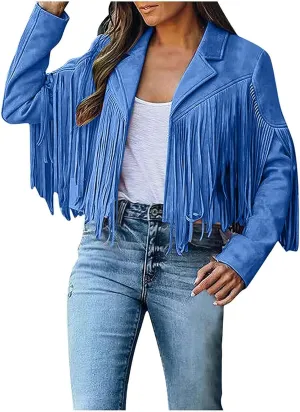 Women's Fringe Faux Suede Leather Jackets Tassel Cropped Coats Western Cowboy Jacket Outerwear Hippie Concert Outfits