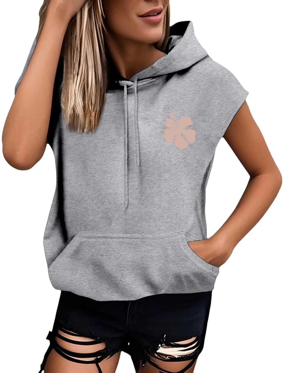 Womens Hawaii Hooded Tank Top,Palm Graphic Print Cap Sleeve Athletic Exercise Loose Fit Casual Oversized Hoodie Vest