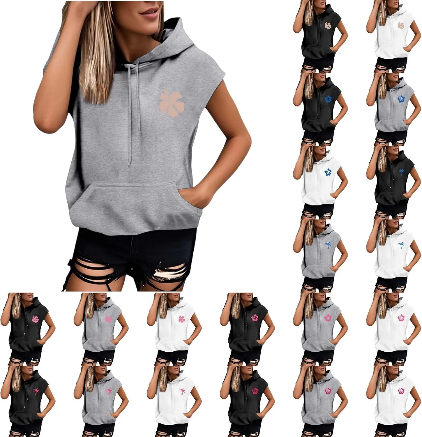 Womens Hawaii Hooded Tank Top,Palm Graphic Print Cap Sleeve Athletic Exercise Loose Fit Casual Oversized Hoodie Vest