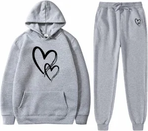 Women's Heart Print Fleece 2 Piece Outfits Sweatsuits Pullover Hoodie Sweatshirt and Jogger Pants Tracksuits Set