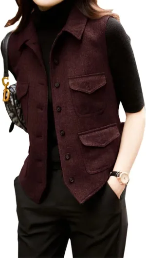 Women's Herringbone Wool Vest Lapel Waistcoat Casual Fashion Sleeveless Jacket Suit vests for Lady