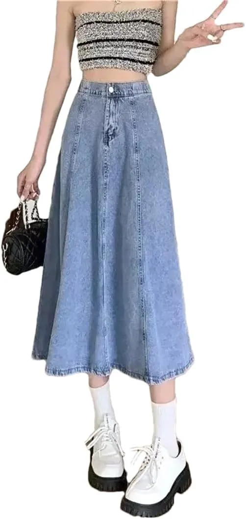Women's High-Waisted Slimming Denim Skirt Long A- Line Umbrella Plus Size Medium-Length Skirt